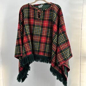 Vtg Bobbie Brooks Poncho Cape Red Green Tartan Plaid Fringe Made In USA Holiday